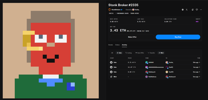 A pixel-art NFT titled 'Stonk Broker #2335' is displayed on a marketplace, listed at 3.43 ETH, owned by Soblins, showing recent sales activity below.