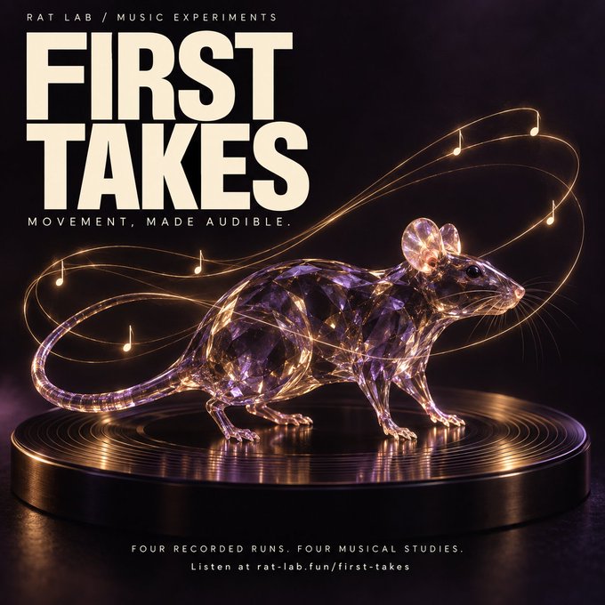 A promotional graphic for 'RAT LAB / MUSIC EXPERIMENTS' titled 'FIRST TAKES: MOVEMENT, MADE AUDIBLE' features a crystalline rat surrounded by musical notes on a turntable.