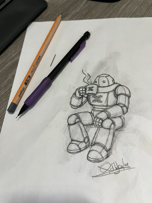 A hand-drawn pencil sketch of a robot drinking from a steaming mug, placed on a desk next to an orange Faber-Castell pencil and a purple mechanical pencil.