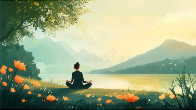 An illustration of a woman meditating in a lotus pose by a serene lake surrounded by mountains and flowers.