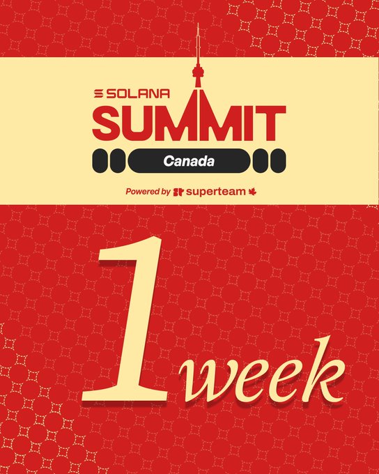 Promotional poster for "Solana Summit Canada," powered by Suprteam, featuring a red background with yellow text and a countdown of "1 week."