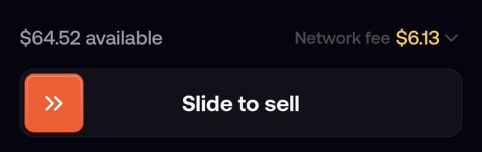 A Robinhood app interface showing $64.52 available for sale with a network fee of $6.13, accompanied by a "Slide to sell" button — illustrating the user's frustration about the high gas fee compared to Solana's lower transaction costs.