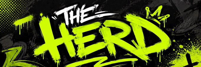 A gritty graffiti-style graphic featuring bold neon yellow paint splashes and the word "HERD" in dramatic brushstroke lettering, with a small crown icon in the upper right corner, promoting @HerdRH_'s giveaway of 12 guaranteed spots in an event.