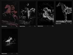 Five dark, moody digital artworks are displayed in a row against a black background, each featuring abstract, fiery red and white ethereal forms resembling figures, skulls, and cosmic shapes, with a sixth artwork below. The accompanying post advertises the "No Destination" collection as 15 Editions priced at 10 XTZ each, with the haunting, otherworldly visuals in the image evoking the introspective theme of an aimless yet transformative journey.