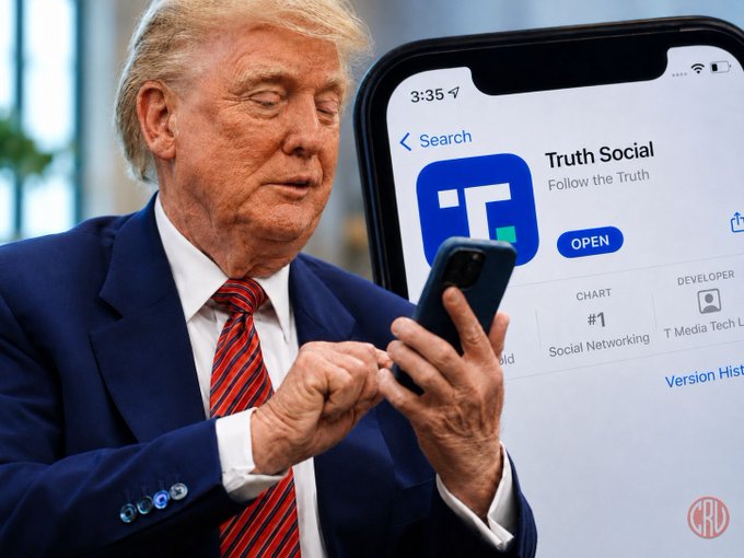 Donald Trump is shown with a phone displaying the Truth Social app, which now offers a $100,000-per-month trading feed. The image visually connects Trump and Truth Social to the financial news regarding its API access.