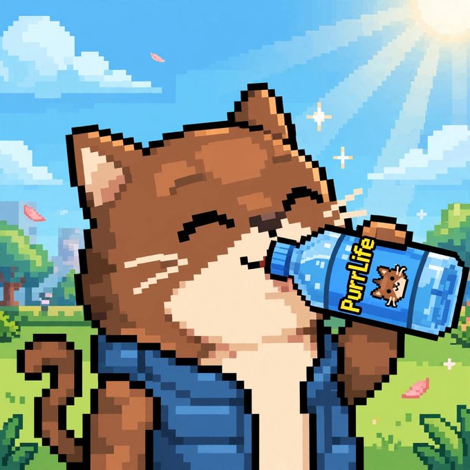 A pixel-art cartoon cat wearing sunglasses drinks from a blue bottle labeled "PurrLife," matching the meme's playful cat-themed wordplay on "personal" and "pur life." The sunny outdoor scene with floating cherry blossoms complements the lighthearted promotional tone of the $PURRHOOD post.