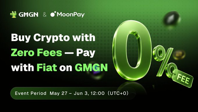 The image features a green banner with white text that reads "Buy Crypto with Zero fees - Pay with Fiat on GMGN". This suggests that there might be an event related to cryptocurrency or fiat currency exchange, possibly involving MoonPay. The image also shows a few coins scattered around it, which could be used as payment for the crypto services offered by MoonPay.