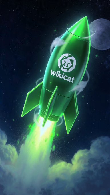 A green rocket labeled "wikicat" blasts through space toward the moon, symbolizing the explosive growth projected in the post—from a $3 billion market cap all the way to $1 trillion.