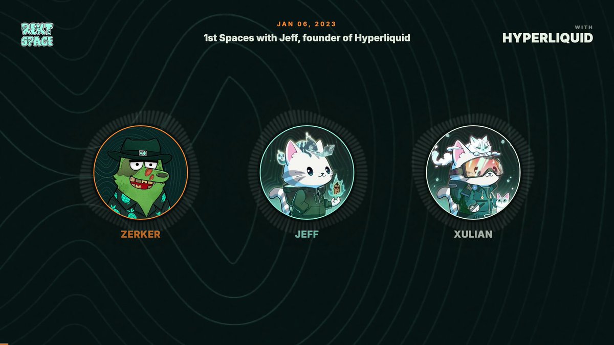 The image features a cartoon cat wearing glasses with the caption "1st spaces ever with @chameleon_jeff recorded Jan 6th, when Hyperliquid was in testnet 00:00 Banter". The cat appears to be wearing a hat and is positioned on the left side of the image. On the right side, there are three other cartoon cats, each with different hats and postures. These cats are also wearing glasses and have unique poses that add character to their appearances.
