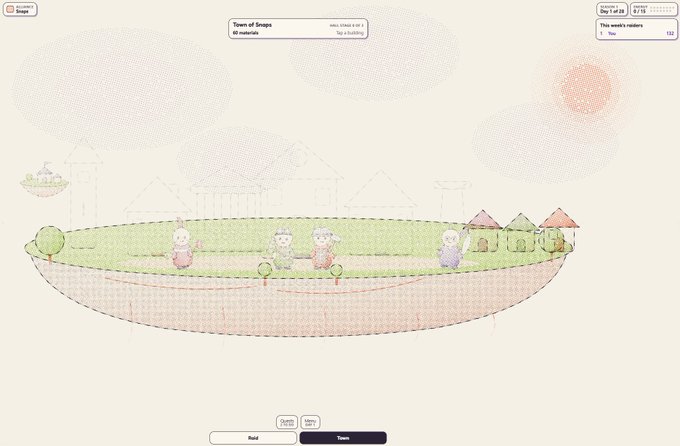 A new game called "Snaps" displays a whimsical cartoon landscape featuring four characters, green hills, small houses, and fluffy clouds on a floating island, with "Town of Snaps" noted as having 60 materials and a leaderboard showing "1. Tov" at 122 weekly meters, marking the beginning of a player's journey in the Snaps community on Hive.