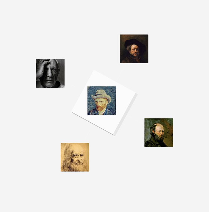 A collage of five self-portrait paintings arranged around a central white card displaying a self-portrait with a straw hat, featuring works that resemble those of Rembrandt and Van Gogh.
