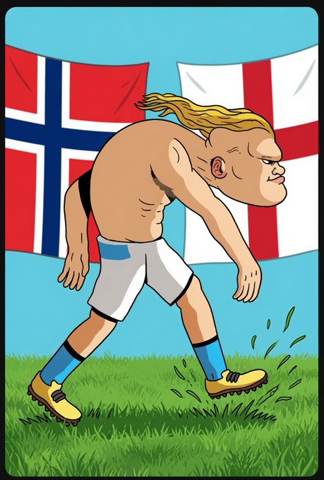 A cartoon illustration of a hunched, muscular soccer player with a blonde ponytail in a white and blue uniform walking on grass, with a Norwegian and an English flag in the background.