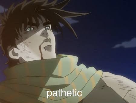 A close-up anime screenshot of Joseph Joestar with a distressed expression and the caption "pathetic," mirroring the post's criticism of Pump as a weak "vamp" project that failed to undermine the stronger STONK token.