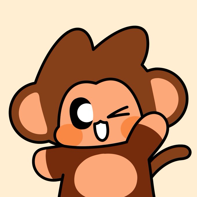 A cartoon illustration of a brown monkey winking playfully with one hand raised near its face against a beige background.