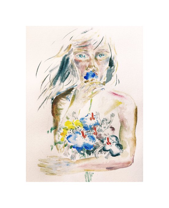 The image features a watercolor painting of a woman holding flowers, with her face prominently displayed against a white background. The painting is done in an impressionistic style, which gives it a dreamy and ethereal quality. The colors used are predominantly blue, green, and yellow, creating a vibrant and lively atmosphere. The woman's pose and the flowers she holds suggest that they might be part of a floral arrangement or a bouquet.