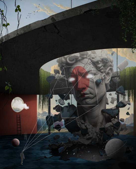 A surreal digital artwork featuring a large classical statue bust with a red nose and glowing white eyes, shattered and emerging from dark water beneath a concrete bridge, with a small figure pulling geometric lines connecting to a floating cloud and planets.