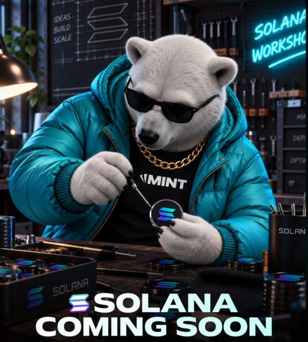Stylized image of a bear wearing sunglasses and a teal jacket working at a workbench, with text reading 'SOLANA COMING SOON' and 'SOLANA WORKSHOP'.