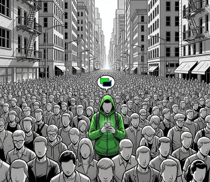 A black and white illustration shows a massive crowd of people in a city street, with a single figure in a green hoodie looking at a phone in the center, highlighted by a green chat bubble logo above.