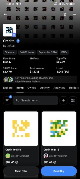 An OpenSea NFT collection page for 'Credits' by 0xf233 on Ethereum, displaying a floor price of $82.47 and featuring pixel art NFT items.
