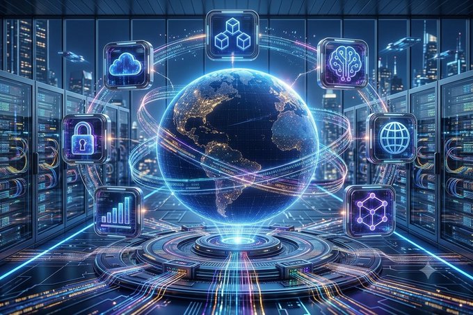 A glowing digital globe sits within a high-tech server room, surrounded by floating holographic icons representing cloud computing, security, AI, data analytics, blockchain, and global networking—symbolizing the foundational infrastructure powering the Web3 ecosystem. The image reinforces the message's theme by visualizing the quiet, steady technical progress happening behind the scenes, rather than loud hype.

No specific text, numbers, tickers, or names are visible in the image.