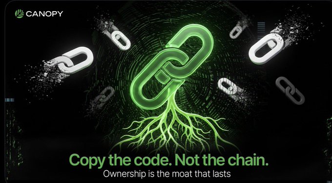 A promotional graphic for 'CANOPY' displays glowing green and white chain links breaking apart with roots growing from the central link, captioned 'Copy the code. Not the chain. Ownership is the moat that lasts.'