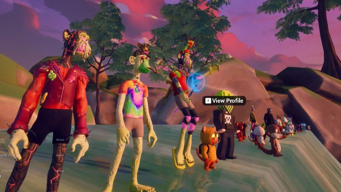 A video game screenshot showing a lineup of stylized avatars including a character in a red jacket, figures in tie-dye shirts, and other players in a colorful outdoor environment with a 'View Profile' tooltip visible.