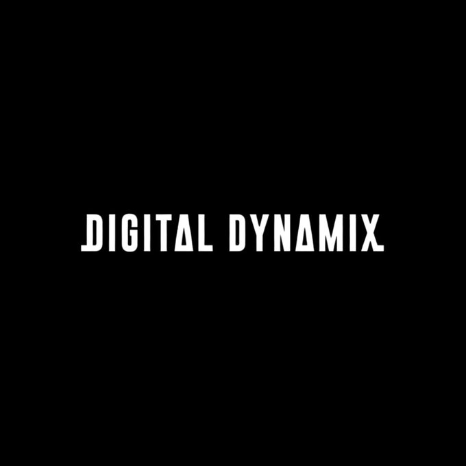 A bold black background displays the white stylized text "DIGITAL DYNAMIX" with triangular cutouts in the letter "A"s, reinforcing the project's branding referenced in the post about delegation rewards being claimable on the Flare Network.