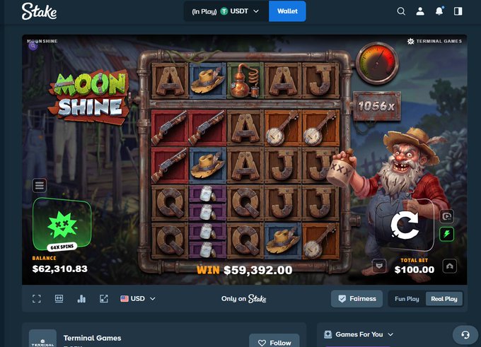 A screenshot of a "Moonshine" slot game on Stake.com shows a massive $59,392.00 win from a $100.00 bet, with 64x free spins active, aligning with the user's excitement over their third big hit on the game. The "Stake" logo, "64X SPINS," and "$62,310.83" balance are visible alongside the moonshiner character and moonshine-themed symbols.