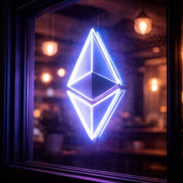 A glowing neon Ethereum logo is displayed in a window, with the cryptocurrency's diamond emblem illuminated in blue and purple light against a blurred café interior. The image symbolizes the Ethereum Foundation's role in launching zkAPI, a system enabling users to pay for AI services with privacy-preserving zero-knowledge proofs.