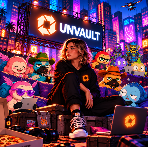 A vibrant, neon-lit digital illustration of a woman in black Unvault-branded clothing sitting among cartoon characters, with "UNVAULT" displayed on a large screen behind her and a city skyline backdrop.