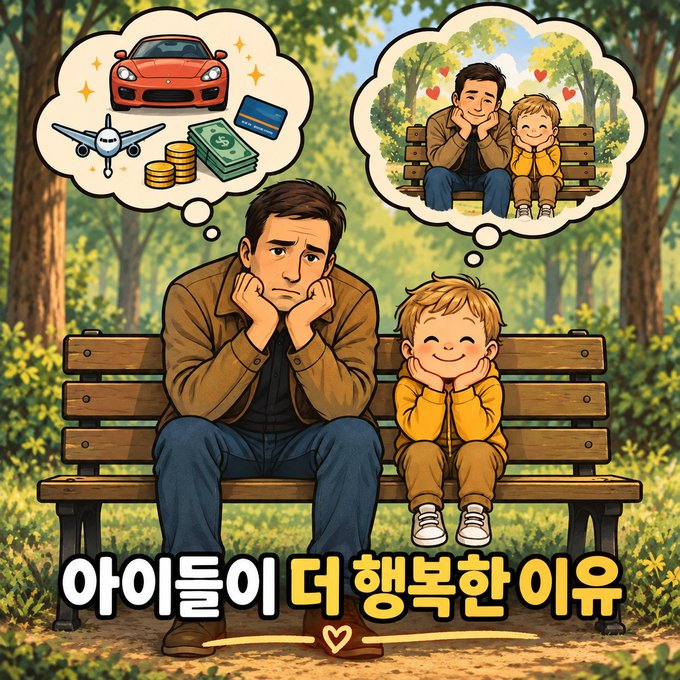 An animated illustration of a man and child on a park bench with thought bubbles showing a car/airplane/credit card and a happy family scene, with Korean text '아이드들이 더 행복한 이유' (The reason children are happier).