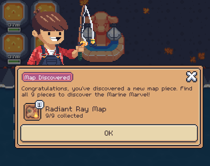 Pixel art game screenshot showing a character discovering a 'Radiant Ray Map' piece (9/9 collected) with a 'Map Discovered' notification and 'Marine Marvel' text.