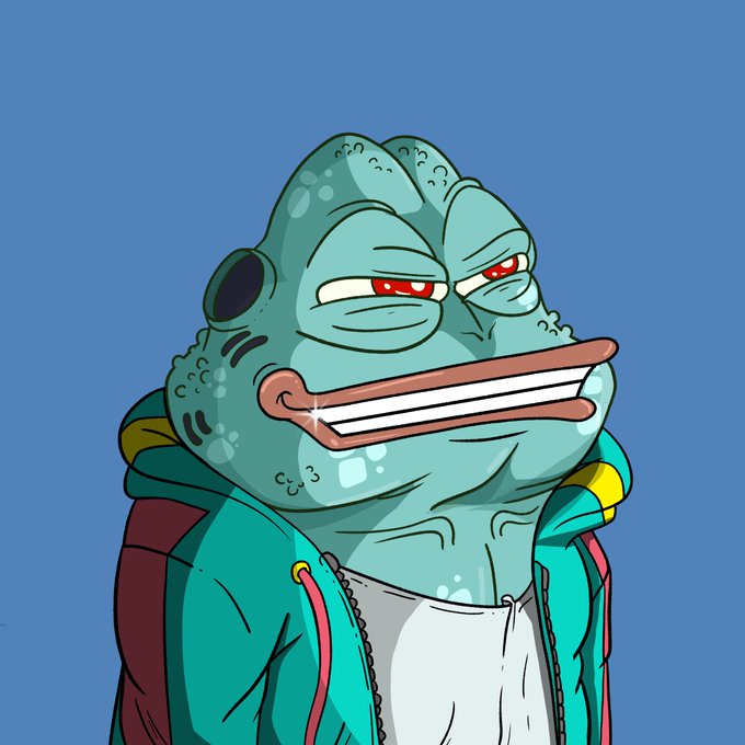 A cartoon frog character with a toothy grin, teal skin, and a backwards cap wears a colorful windbreaker, exemplifying one of the 169+ hand-drawn traits featured in the Frogs NFT collection at somethingridiculous.fun.