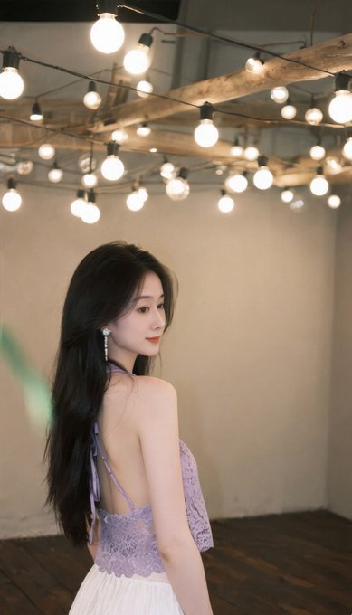 A young woman with long black hair wearing a lavender lace crop top stands under a ceiling draped with string lights, looking back over her shoulder.