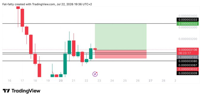 The image is a TradingView candlestick chart titled "Fat-fatty" showing BONK price action with a long trade setup marked by a green/red zone between 0.003022 (stop-loss) and 0.00333 (target), with an entry at 0.003106, visually confirming the posted BONK long trade parameters with the entry zone (red) and projected target zone (green) clearly displayed on the chart.