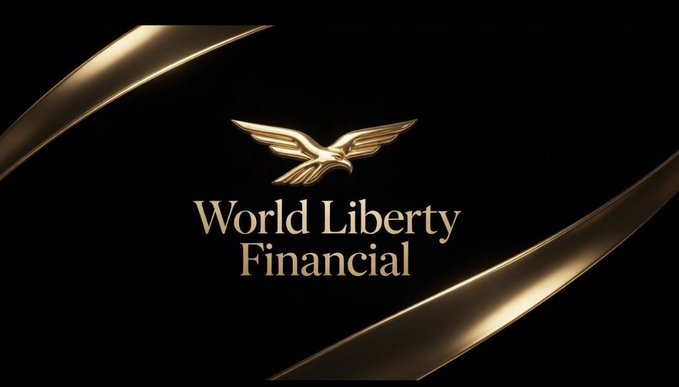 The image displays the World Liberty Financial logo—a gold eagle emblem above the company name—set against a black background with elegant gold swooshes, serving as branding for the $WLFI token and its promotional campaign with Aster DEX featuring $USD1 rewards.