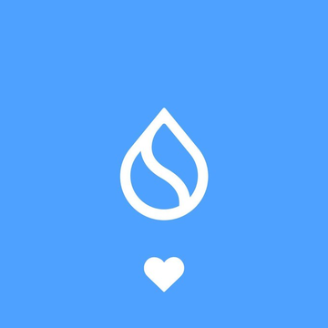 A minimalist blue app icon featuring a white water droplet logo with a curved line through it and a small heart beneath.