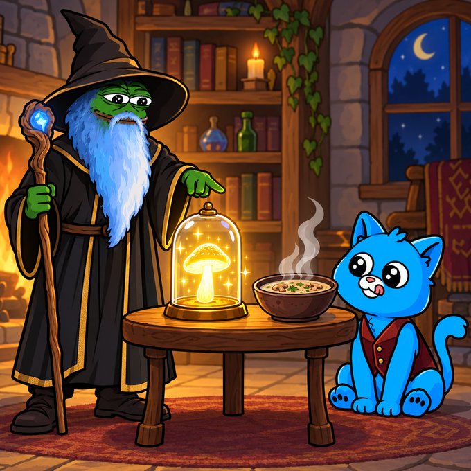 A whimsical cartoon illustration of a green-skinned wizard with a blue beard holding a staff next to a table with a glowing mushroom in a glass dome, while a blue cat in a red vest watches a bowl of steaming soup.