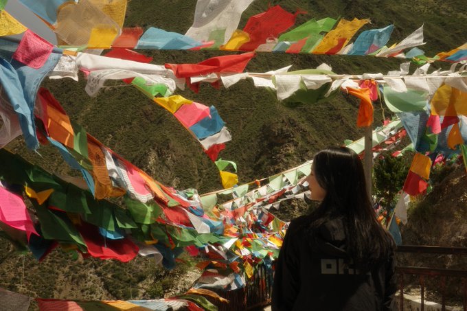 A woman viewed from behind, wearing a black jacket with 'ok' visible on it, looking out at a hillside covered in colorful Tibetan prayer flags.