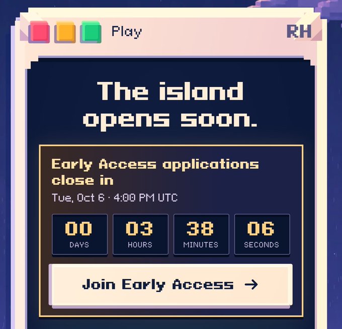 A pixel-art style 'Play' window interface displaying 'The island opens soon,' with a countdown timer showing '00 DAYS, 03 HOURS, 38 MINUTES, 06 SECONDS' until Early Access applications close on Tue, Oct 6 - 4:00 PM UTC, and a 'Join Early Access →' button.