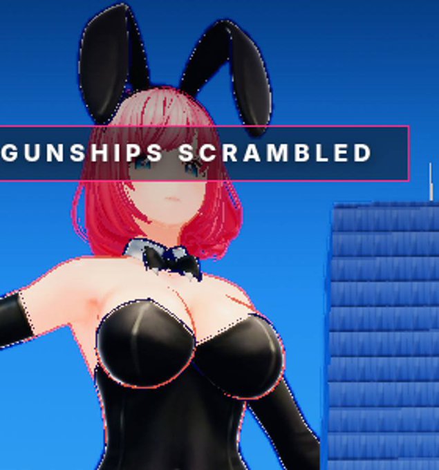 A digital anime-style character with pink hair and black bunny ears is featured below the title 'GUNSHIPS SCRAMBLED'.