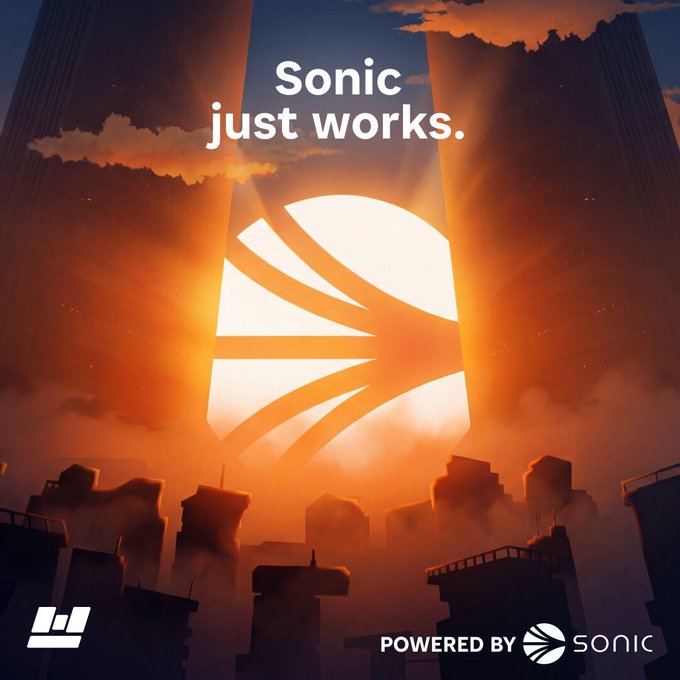 A stylized sunset cityscape features a large central Sonic blockchain logo with rays of light beaming down, accompanied by the text "Sonic just works." and a "POWERED BY SONIC" badge at the bottom. The image visually reinforces the post's message by using a rising sun motif to symbolize Sonic's reliability and instant responsiveness.