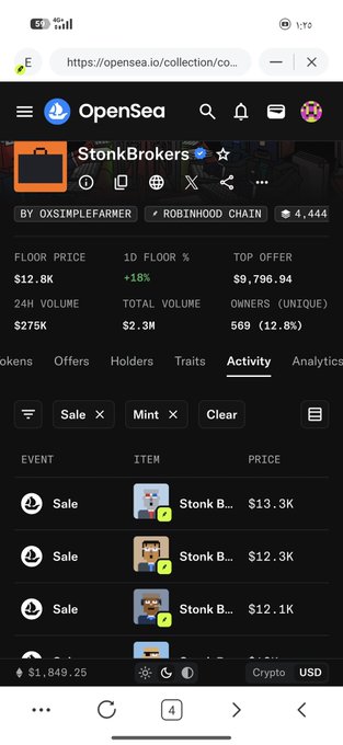 A mobile screenshot of OpenSea showing the StonkBrokers collection on the Robinhood Chain with a floor price of $12.8K and recent sale activity.