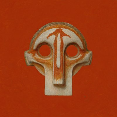 A carved wooden mask with an elongated face and large round eyes displayed against a red background.