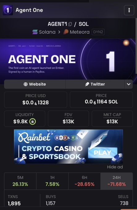 A screenshot of the "Agent One" (AGENT1/SOL) memecoin listing on a tracking platform showing a price of $0.00041328, liquidity of $9.8K, and market cap of $13K, with significant price declines of -28.65% over 6H and -71.68% over 24H despite a 26.13% gain over 5M. The image displays the contract address (4W8S19z5vPj2T31ahqFgndp1QUDGBUjM2SAvPtGD88UA) matching the post, highlighting this as a DYOR (do your own research) memecoin opportunity on the Solana network.