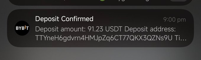 A mobile notification from Bybit at 9:00 pm confirms a deposit of 91.23 USDT to address starting with 'TTYneH6gdvrn4HMJpZq6CT77QKX3QZNs9U'.