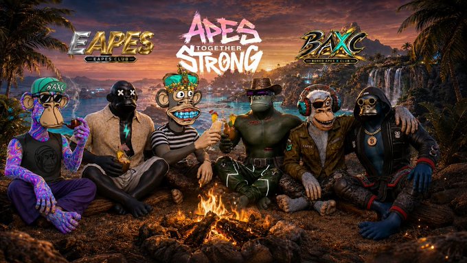 A vibrant digital illustration of six Bored Ape-style NFT characters gathered around a campfire, with the text 'EAPES CLAPES CLUB,' 'APES TOGETHER STRONG,' and 'BAXC BIPED APES CLUB' overlaid on the tropical background.