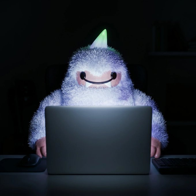 A person wearing a furry, smiling hooded costume with a glowing horn sits at a laptop in a dark room, their face illuminated by the screen.