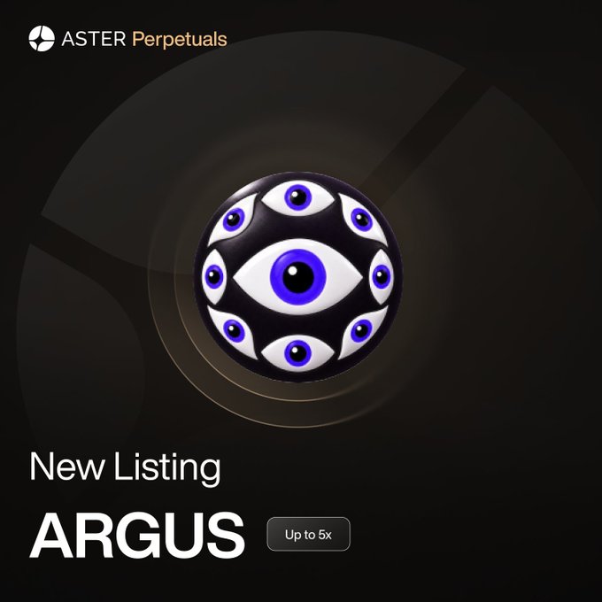 Promotional graphic from Aster Perpetuals announcing a new listing for ARGUS with up to 5x leverage, featuring a stylized black sphere covered in blue and white eye motifs against a dark background.