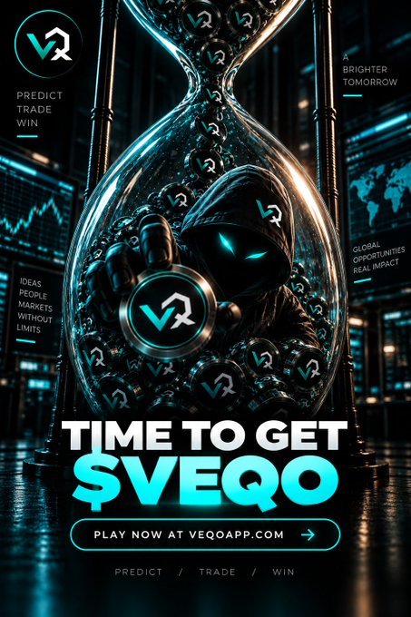 An advertisement for the VEQO app showing a hooded figure with glowing teal eyes inside a glass vessel filled with crypto-themed spheres, with the text 'TIME TO GET $VEQO' and 'PLAY NOW AT VEQOAPP.COM', alongside phrases like 'PREDICT / TRADE / WIN' and 'A BRIGHTER TOMORROW'.
